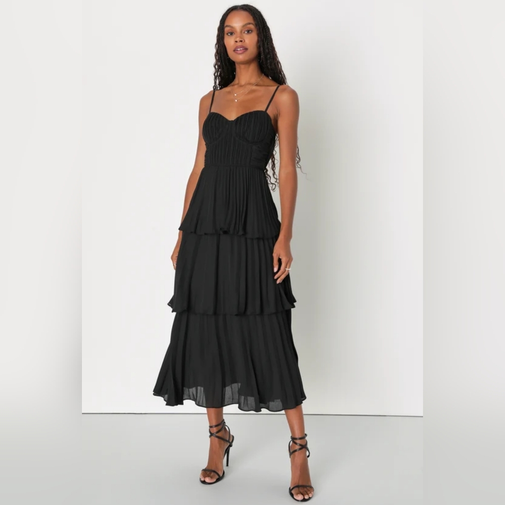 NWOT Lulu's Black Tiered Bustier Midi Dress Size L=10/12